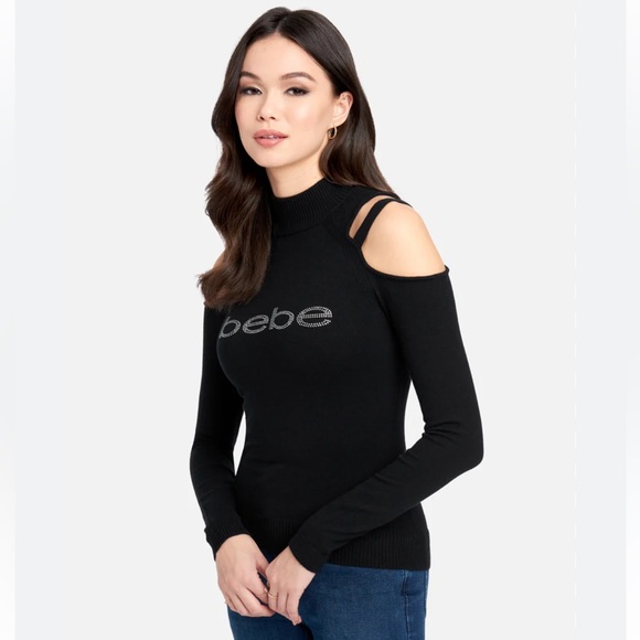 BeBe Logo Black and White striped Cold Shoulder Mock Neck Top long sleeves SZ M - Picture 2 of 11